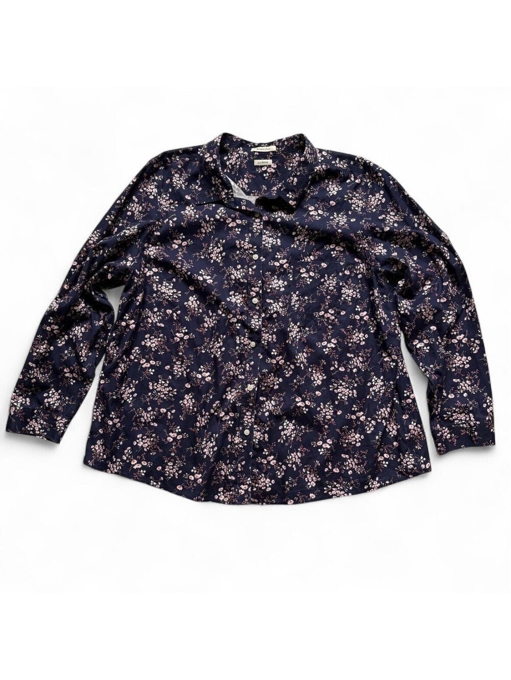 L.L. Bean Women's Blue Floral Wrinkle-Free Cotton Button-Up Blouse, Very Good